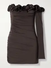 [Maygel Coronel] Maygel Coronel - Selvaggio One-sleeve Appliquéd Ruched Stretch-jersey Mini Dress - Chocolate - Extended Extended Brown