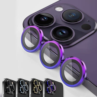 For iPhone 15 14 13 12 Pro Max Tempered Glass Camera Lens Protector Metal Ring