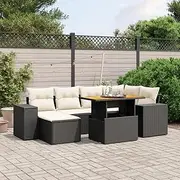 7 Piece Garden Patio Furniture Set with Cushions, Black Poly Rattan - Outdoor Sofa Chairs and Table for Terrace or Balcony, Adjustable Height Table, Modular Design with Removable Cushion