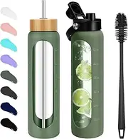 FULBEVY 32 oz Glass Water Bottles - 1 Liter Motivational Tumbler With Time Marker - Borosilicate Glass With Silicone Sleeve and 2 Lids, Handle Spout & Bamboo Straw Lid