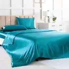 Satin Bed Sheets Full, Soft Silk Bed Sheets, Teal Silk Sheet with 1 Deep Pocket