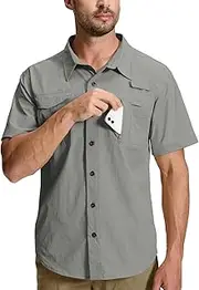 [WENTTUO] Men's Fishing Shirt Sun Protection Short Sleeve Cooling Button Down Shirts for Hiking Travel, Light Grey, XX-Large