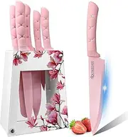 Kitchen Knife Set, Retrosohoo Pink Flower 6PC Stainless Steel Sharp Chef Knife Set with Acrylic Stand, Cooking Non-Slip Knife Set with Block, Non-Stick Colorful Coating Set for Women Girls (Pink)