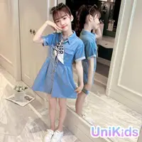 在飛比找momo購物網優惠-【UniKids】中大童裝短袖牛仔洋裝 薄款連身裙 女大童裝