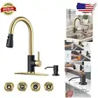 Elegant Black & Gold Pull Down Kitchen Faucet with Soap Dispenser & Sprayer