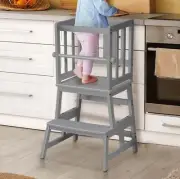 COSYLAND Grey Bamboo Toddler Tower Kitchen Helper Stool + Safety Rail Adjustable