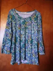 NEW Norm Thompson Stretchy Knit Scoop Neck 3/4 Sleeve Top Green/Blue Print XL