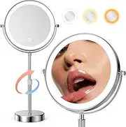 LED Lighted Makeup Mirror Tabletop, 10X Magnifying Mirror with 3 Color Lights, Brightness Adjustable Height Adjustable, Double Sided Mirror in Chrome Finish (8 Inch, 10X)
