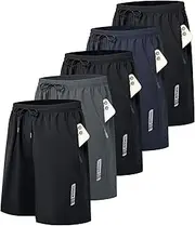 [Kinglaman] 1/5 Pack Mens Athletic Gym Workout Shorts with Zipper Pockets Quick Dry Basketball Running Lightweight Shorts, 3 Black 1 Blue 1 Gray, Large