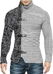 [SWJGLITTR] Men's Color Block Turtleneck Cardigan Winter Knitted Cardigan Sweaters for Men Long-Sleeved Slim Fit Button Cardigans, Grey, Medium