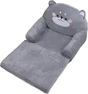 Children 2 in 1 Flip Open Compressed Sofa, Cute Gray Dog Wide Convertible Sofa to Lounger, Soft Kids Fold Out Sleeper for Bedroom Toddler Bed Girl Boy (2 Tiers)
