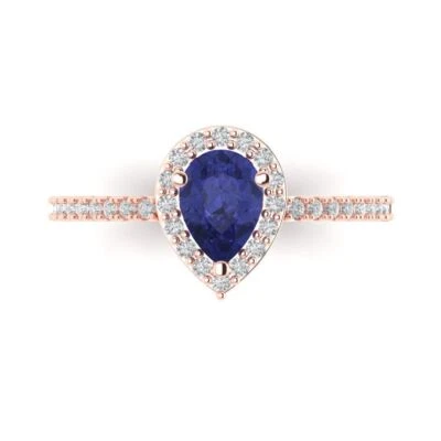 1.32Ct Pear Cut Tanzanite Solid Gold Halo Engagement Promise Statement Ring