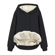 Nevenka Ladies Winter Warm Fleece Lined Pullover Casual Hooded Sweatshirt-Black