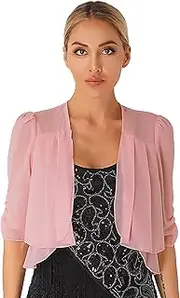 [TiaoBug] Womens Chiffon Open Front 3/4 Bell Sleeve Lightweight Sheer Shrug Cropped Bolero Cardigans