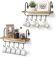 Olakee Floating Wall Shelves for Kitchen Bathroom Coffee Nook with 10 Adjustable Hooks for Mugs Cooking Utensils or Towel Rustic Storage Shelves Set of 2/17x5.9 inch (Carbonized Black)