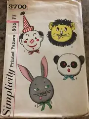 1960 SIMPLICITY #3700 - RETRO SET OF CLOWN-LION-PANDA-BEAR PILLOWS PATTERN FF