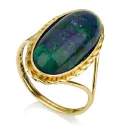 Azurite Gemstone Ring 14K Yellow Gold Split Shank Deep Blue Green Stone Jewelry