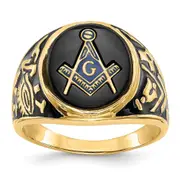 14k Yellow Gold Mens Polished and Textured with Black Enamel and Oval Onyx Masonic Ring