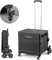 VEVOR Stair Climbing Cart, 70 kg Collapsible Teacher Cart, Portable Rolling Crate Handcart with Telescoping Handle & Lid, Foldable Grocery Cart Utility Cart Multipurpose for Shopping Travel Office