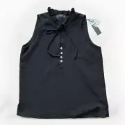 Tahari Solid Crepe Ruffle Tie Collar button Front Sleeveless Blouse Size XS