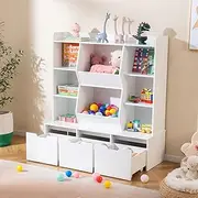 HONEY JOY Children Bookcase, Toy Storage Organizer with 3 Movable Drawers, 8 Cubbies, Upper Display Shelf, Anti-toppling Kit, Versatile Storage Cabinet for Kids Room, Bedroom, Playroom, White