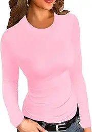 [Afibi] Women Ribbed Long Sleeve Crew Neck Slim Fit Stretchy Basic T Shirts Tops
