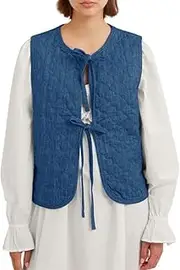 [Fisoew] Women's Tie Front Quilted Vest Lightweight Denim Sleeveless Puffer Jacket Y2k Outerwear