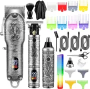 RESUXI Hair Clippers for Men Beard Trimmer Nose Hair Trimmer 3pcs Set,Cordless Professional Barber Clippers for Hair Cutting, Barber Supplies Grooming Kit for Men USB Rechargeable LED Display