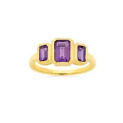 9ct Gold Amethyst Emerald Cut Trilogy Bezel Ring in Purple