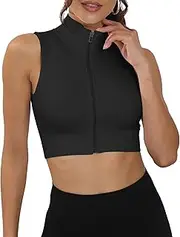 [SEAUR] Workout Tank Tops for Women Built in Bra Zip Up Mock Neck Crop Top Yoga Gym Athletic Running Sleeveless Shirts