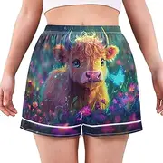 [RPLIFE] Cute Highland Cow Flowers Field Womens Boxer Shorts, Lounge Shorts for Women, Comfy Ladies Summer Pajamas