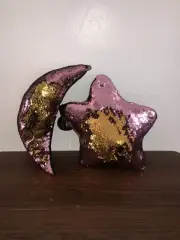 Ankit NWT 15" Flip Sequin Velvet Pillow Gold & Pink Plush Star & Moon $60 msrp