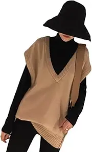 [SGeneE] 100% Cashmere Casual Loose V-Neck Sweater Vest Solid Color Knitted Sleeveless Pullover Sweater
