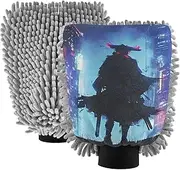 XYMZR Samurai Steampunk City Absorbent Microfiber Car Wash Mitt, Funny Cute Anime Scratch Free for Cars Cleaning, Home Cleaning Mitts, 2 Pack, 10.24” L x 7.09” W