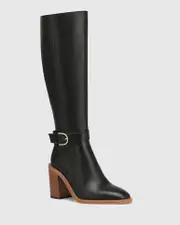 Pheo Black Leather Block Heel Long Boot