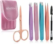 6PCS Eyebrow Tweezers, MONGSEW Stainless Steel Tweezers Set for Multi-colored