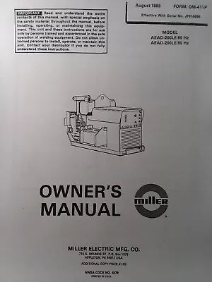 Miller AEAD-200LE 60 Hz Welder Owner & Parts Manual Onan Gas Engine 1985
