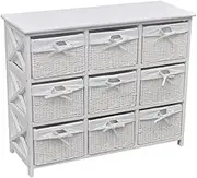 Akron White Storage Cabinet with 9 Woven Baskets and Washable Liners, Durable MDF and Paulownia Wood Organizer for Home and Office, 94 x 37 x 76 cm, Ideal for Closet, Shelving, and Drawer Organization