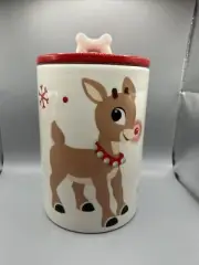 Rudolph the Red Nosed Reindeer Ceramic Dog Treat Christmas Canister NEW