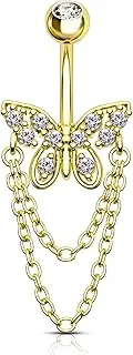 [Agrewd] Dangle Belly Button Rings 14G Butterfly Gold Belly Navel Rings for Women Stainless Steel Belly Navel Piercing Jewelry