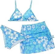 [Happy Cherry] Bikinis for Girls Teenagers Swimsuits 3 Piece Swimwear with Cover Up Skirt Children Flower Print Swimsuit Quick Drying Beach Bikini Sets 8-14 Years