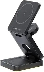 Black,3 in 1 Wireless Charging Station, Foldable Desktop 15W Fast Charging Stand for Apple Devices, Wireless Charger for iPhone 16/15/14/13/12, Apple Watch&Airpods