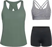 [Tempt Me] 3 Piece Tankini Swimsuits for Women Athletic Bathing Suits Swim Tank Top with Boy Shorts and Bra Modest Swimwear