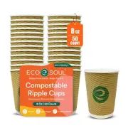 ECO SOUL 8Oz Compostable Ripple Cups 50 Pack – Biodegradable Paper Cups Non-T...