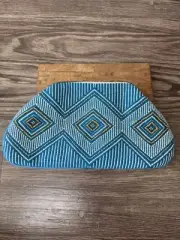 Chloe & Lex Blue Beaded Wooden Frame Clutch Bag Embroidered Geometric Design