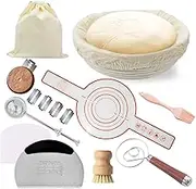 Sourdough bread baking supplies, 9 Inch Round banneton bread proofing basket with Baking tools:Dough whisk,Bread scraper,Flour & Sugar Sifter,Silicone Basting Brush,Bread Lame,Pastry Mat