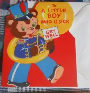 Vintage GET WELL To a Little Boy unused bear carrying a trumpet Die-Cut colorful