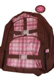 Girls Womens Pink Brown Plaid School Backpack Laptop Bag iPod Pouch NEW NWT