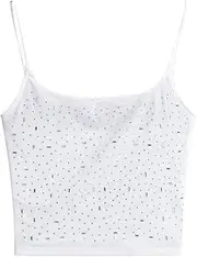 [Generic] Women's Mesh Camisole Y2k Cropped Tops Summer Square Neck Knitted Casual Rhinestones Camisole
