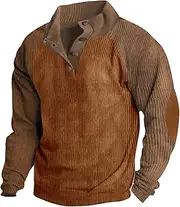 xoxingysm Mens Corduroy Sweatshirts Button Down Pullover Tops Mock Neck Henley Shirt Long Sleeve Retro Casual Polo Shirts